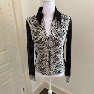 Kay Celine Black Pullover Blouse with Ecru Lace Trim